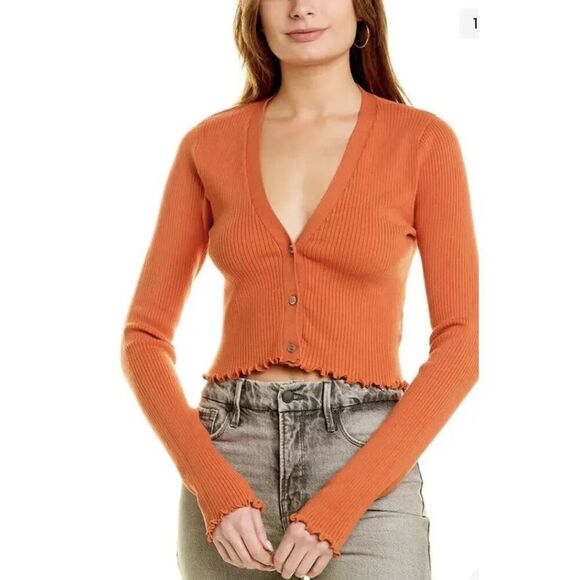 NWT Good American Lettuce Edge Cardigan in Burnt Orange - Picture 1 of 8